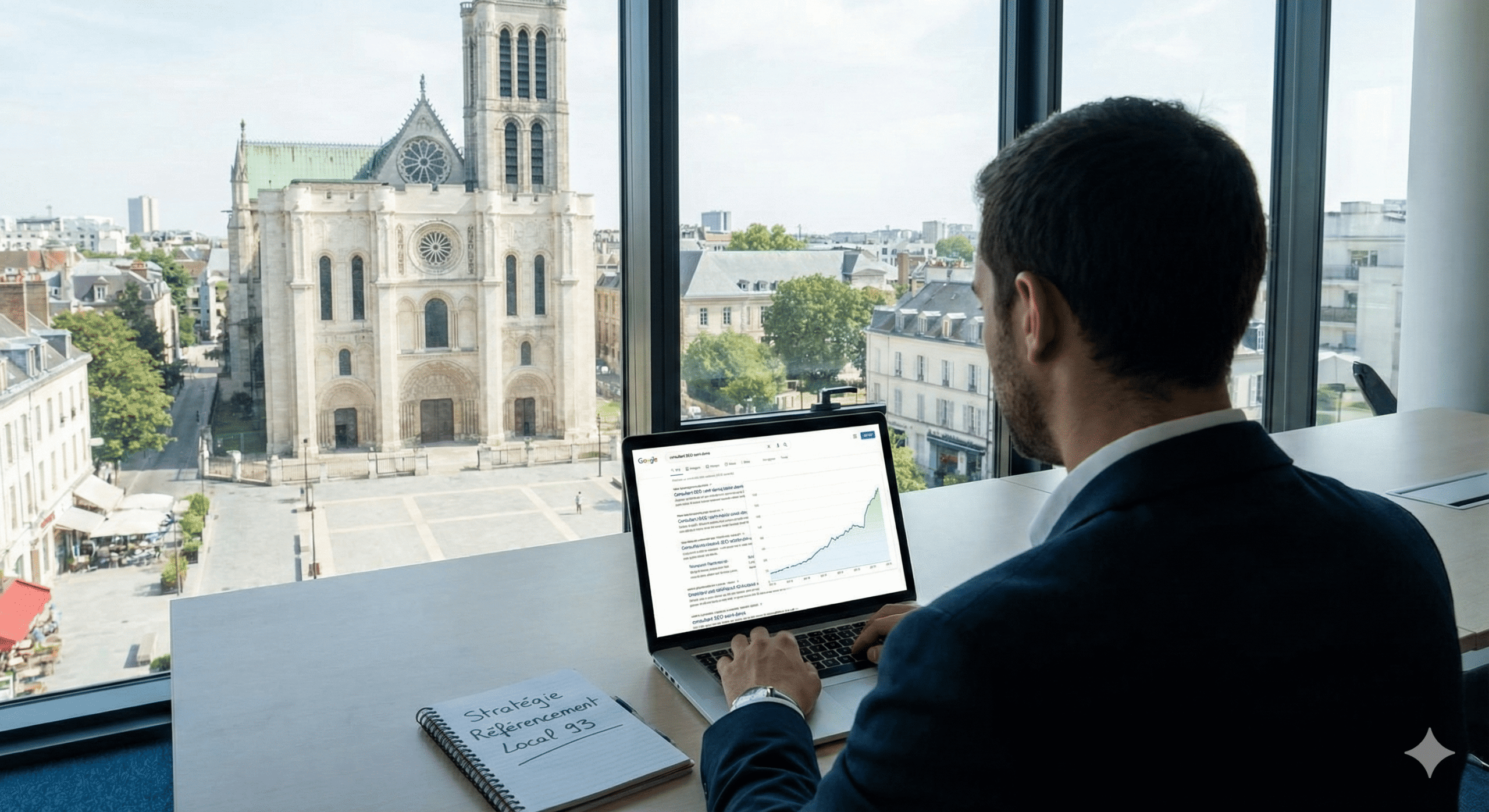 Consultant SEO freelance travaillant sur une stratégie de référencement local à Saint-Denis (93) avec vue sur la Basilique. L'écran affiche des courbes de croissance de trafic web.